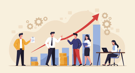 Business Planning Concept. Contemporary flat style vector illustration of a man in a business suit presenting a strategy to a group of colleagues with a growing graph in background.