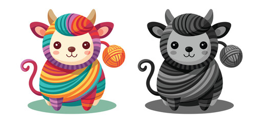 Adorable cartoon character sheep wrapped in colorful yarn holding a ball of wool alongside a black and white version