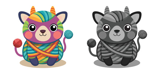 Adorable cartoon illustration of a friendly cat character wrapped in yarn with colorful and grayscale versions presented