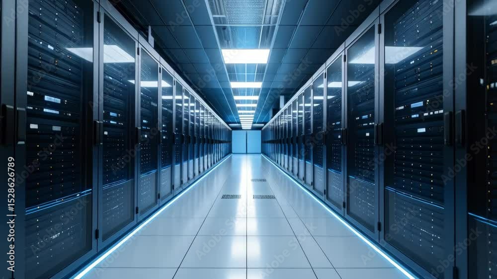 Poster server room with rows of rack servers for hosting, cloud computing and data storage in a futuristic 