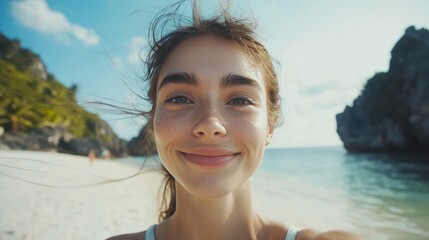 closeup shot of a good looking female tourist. Enjoy free time outdoors near the sea on the beach. Looking at the camera while relaxing on a clear day Poses for travel selfies smiling happy tropical