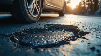 car wheels running and closed up Very bad quality street with potholes. have tree. Damaged asphalt pavement road with potholes in city, dangerous, broken, garage