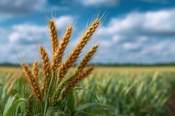 Wheat stalks stand in a field under a cloudy sky varying maturity visible