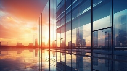 Modern office building or business center. High-rise window buildings made of glass reflect the clouds. empty street outside  wall modernity civilization. growing up business
