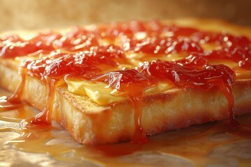 Delicious Breakfast Toast with Homemade Jelly and Melted Cheese. A Tasty Food Photography Close-Up of Sweet and Savoury Comfort Cuisine
