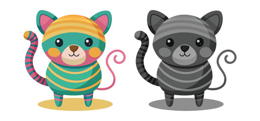 Adorable illustrated cat characters in two versions featuring vibrant colors and grayscale on a white background