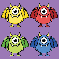 Obraz premium Cute and colorful cartoon monsters with horns wings and a single eye on purple background