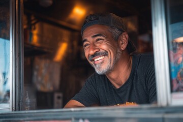Man smiling inside a food truck