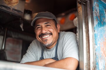 Man smiling inside a food truck