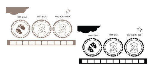 An adorable milestone tracker design featuring a baby's footprints, a bear, and text suitable for a child's first year.