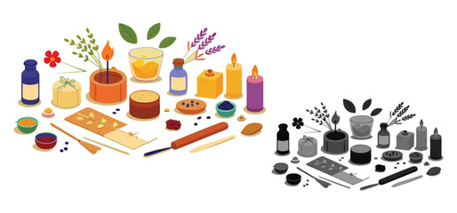 An artistic composition of candles, herbs, and aromatherapy elements for relaxation and wellness