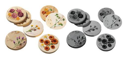 An artistic arrangement of floral coasters showcasing dried flowers pressed with colorful and grayscale variations against a white background.