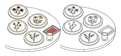 An artistic illustration showcases floral designs on plates a decorative picture frame and a small ceramic cup on a table