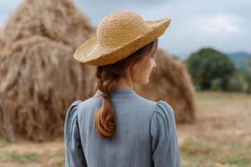 Woman in straw hat back view wearing blue dress with braided hair hay bales in blurred field backdrop