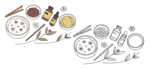 Fototapeta premium An elegant flat lay illustration featuring ingredients for spa and aromatherapy with essential oil bottles and bowls.