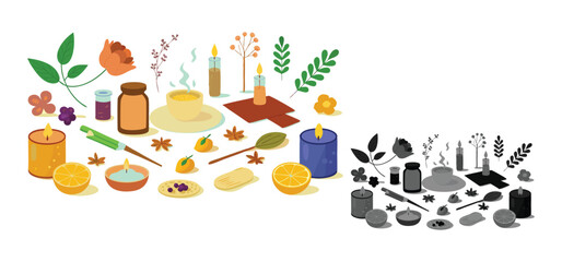Aromatherapy relaxation and well being symbols vector illustration depicting essential oils candles citrus slices botanicals and other related elements
