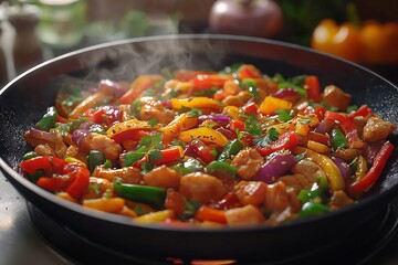 Colorful Vegetable Stir-Fry in Pan - Healthy Sauted Meal with Chicken & Fresh Herbs