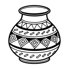 Black and white hand drawn illustration of a decorated pottery vase with traditional geometric patterns and design