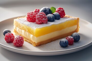 Delicious Lemon Raspberry Blueberry Cake. A Sweet and Colorful Dessert Delight for Indulgent Afternoon Tea