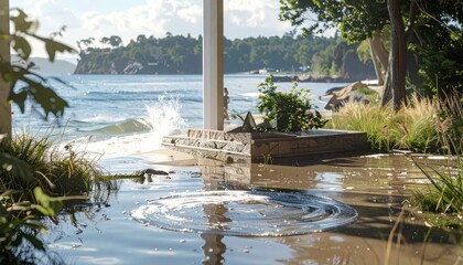 Idyllic Coastal Retreat: Serene Waters, Lush Flora, and Architectural Harmony