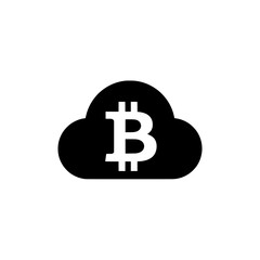 Dark cloud icon with white Bitcoin symbol indicating secure blockchain cloud hosting for cryptocurrency services