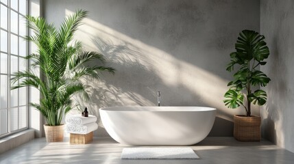 serene bathroom sanctuary with modern freestanding tub bathed in sunlight and adorned with lush tropical greenery offering a tranquil and rejuvenating spa-like atmosphere