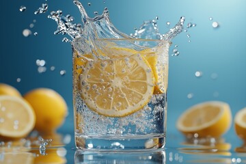 Refreshing Citrus Splash. Vibrant Lemon Summer Drink with Sparkling Soda and Ice