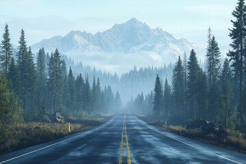 Scenic Misty Mountain Road. Tranquil Morning Drive Through Forest Landscape and Blue Sky Horizons