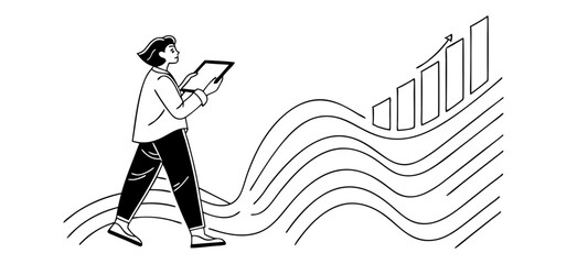 Businesswoman walking forward while analyzing statistics on tablet illustrating growth and positive trend