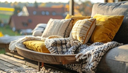 Cozy autumn day, tranquil outdoor sofa scene with a calming rural backdrop