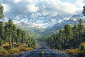 Scenic Route Adventure Along an Autumn Highway Through Majestic Mountain Landscapes Explore Serene Rural Countryside with Pine Trees and Dramatic Views