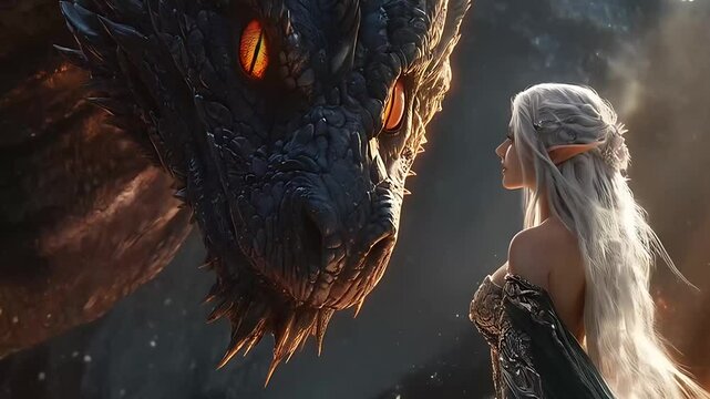 Elf woman standing in front of a big dragon