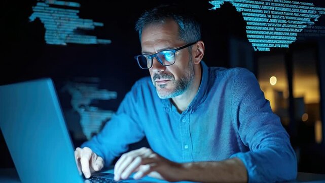 Digital Navigator: A focused individual, illuminated by the glow of a laptop screen, navigates a digital landscape, immersed in the complexities of technology, data, and online activity.