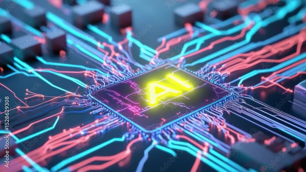 Poster ai chip: a high-tech image of an ai chip in the heart of a computer system, with electric threads wo