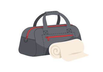 A gray duffel bag with red accents is next to a rolledup creamcolored towel
