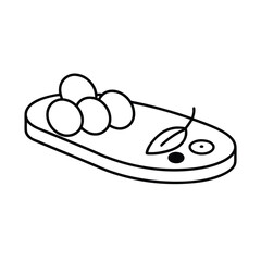 Line drawing of olives on a wooden board with a leaf