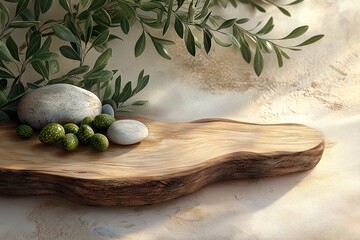 Rustic Wooden Table with Olive Branch & Decorative Stones. Natural & Minimalist Kitchen Interior Design