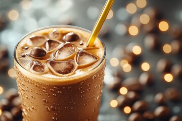 Iced Coffee Delight. Refreshing Summer Beverage with Ice Cubes and Sweet Flavor at a Coffee Shop - Perfect Mid-Morning Pick-Me-Up