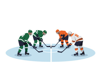 Four hockey players face off in the center of an ice rink poised to strike the puck