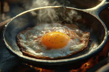 Delicious Crispy Fried Egg in Cast Iron Skillet Gourmet Comfort Breakfast Photography with Natural Light