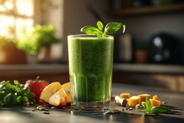 Green Smoothie Bowl with Fresh Ingredients. A Nutritious & Delicious Vegan Detox Drink for a Healthy Lifestyle