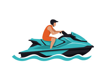 Person riding a teal  black jet ski on teal waves wearing orange swimwear and a black helmet