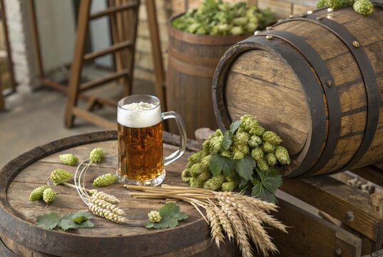 A refreshing beer served with hops and barley, set against rustic barrels for a perfect brewery atmosphere.