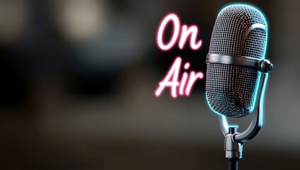 Text on air - streaming content, online broadcast, podcast microphone, digital media, blogger voice, radio backdrop, blog discussion, audio platform, spoken word, station banner.