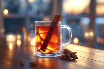 Cozy Autumn Vibes. Aromatic Spiced Tea with Cinnamon and Fruit Slices in Elegant Glass Mug