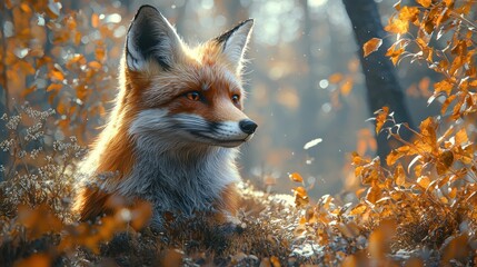 Fototapeta premium Foxy red fox amidst autumnal foliage