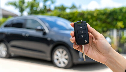 Hand Holding Car Key with Black Car in Background