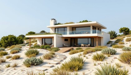 a coastal dune home built below sand grade to avoid strong winds. uses insulated rammed sand walls and includes salt tolerant rooftop gardens and solar collectors