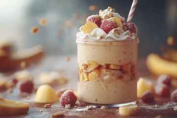 Refreshing Raspberry Peach Dessert Cocktail. A Deliciously Sweet and Healthy Summer Treat with Whipped Cream and Mixed Fruit