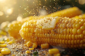 Grilled Ears of Corn with Butter and Sprinkled Seasoning. Tasty Summer Side Dish for BBQ and Healthy Eating